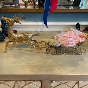 Vintage Solid Brass Reindeer with Sleigh 20”